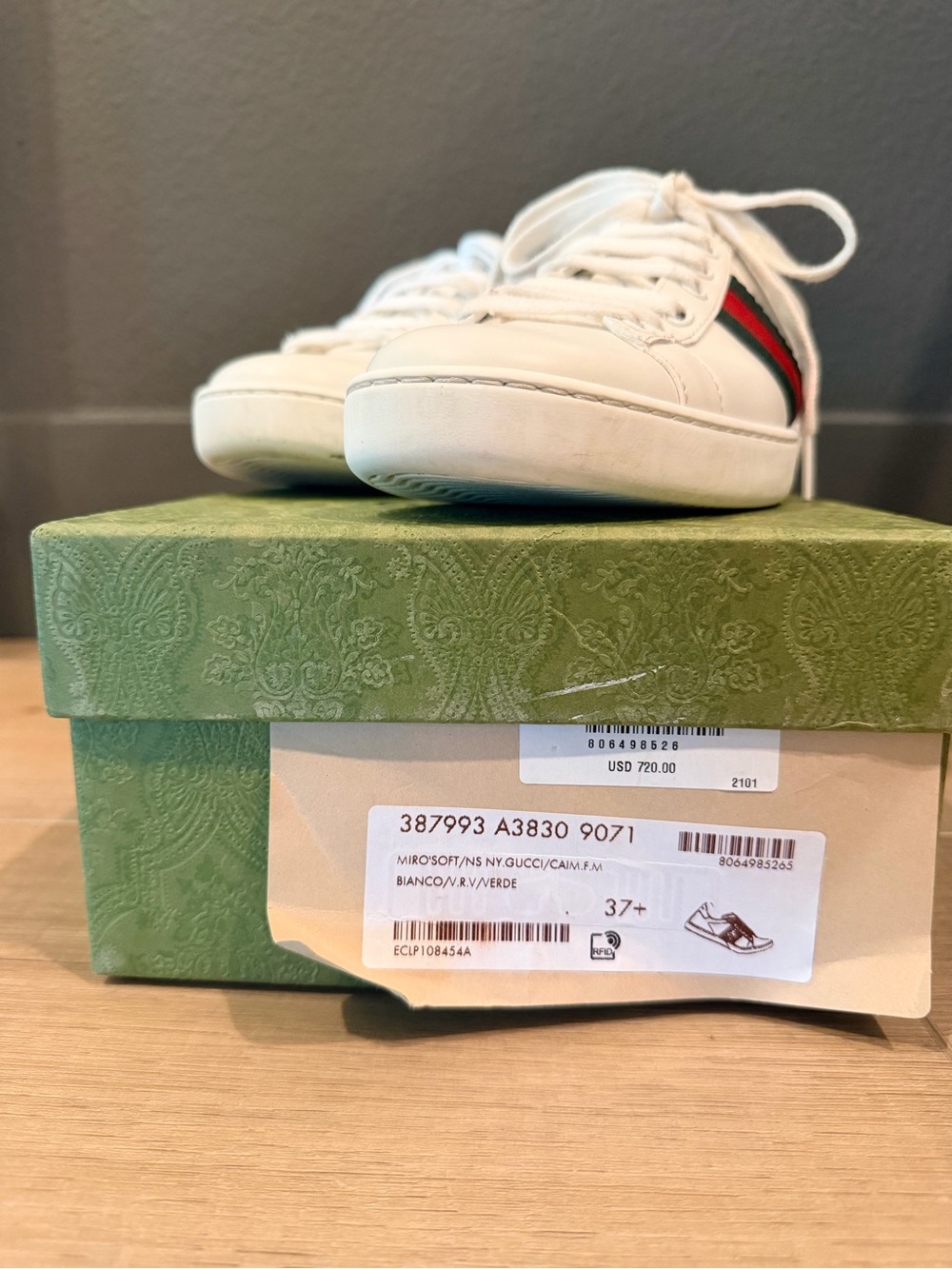 Gucci Ace Sneakers Green Red Web Stripe Crocodile Heel 37+